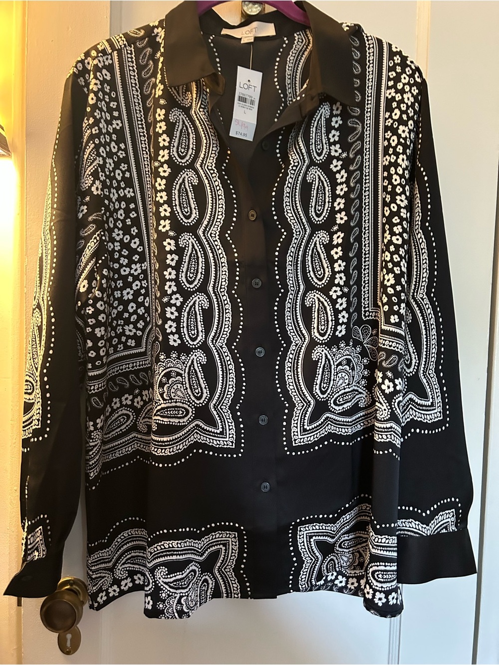LOFT Black and White Paisley Button-Up Blouse